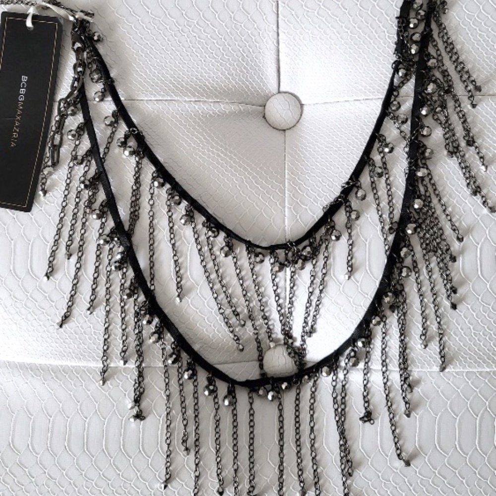 NWT BCBG  MaxAzria Black Leather Fringe Beaded Chain Necklace